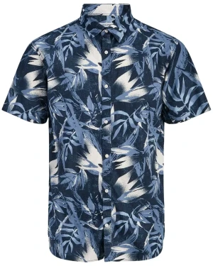 Duża męska wzorzysta koszula z krótkim rękawem i kołnierzykiem Jack & Jones 12289670 granatowa (5XL) | 5XL