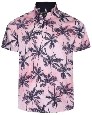 Duża męska koszula w palmy z krótkim rękawem Kam 6078 różowa (6XL) | 6XL