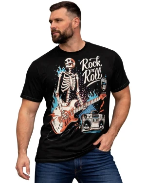 Duży męski t-shirt z efektownym nadrukiem koszulka Rock n Roll Kam 5791 czarna (3XL) | 3XL