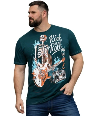 Duży męski t-shirt z efektownym nadrukiem koszulka Rock n Roll Kam 5791 morska (2XL) | 2XL