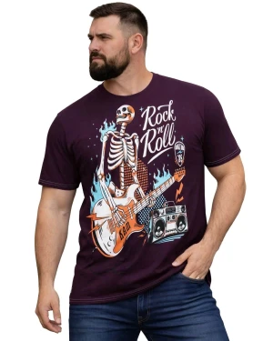 Duży męski t-shirt z efektownym nadrukiem koszulka Rock n Roll Kam 5791 bordowa (2XL) | 2XL