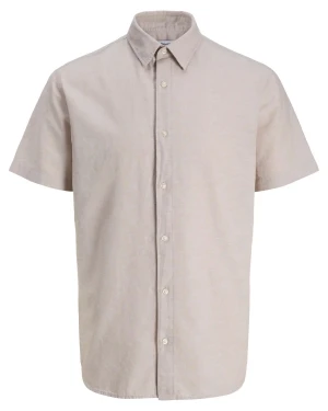 Duża koszula męska  z lnem krótki rękaw Jack & Jones 12294285 beżowa (3XL) | 3XL