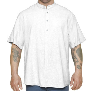 Duża męska koszula krótki rękaw ze stójką len gładka Easy E1263-001 biała (6XL) | 6XL