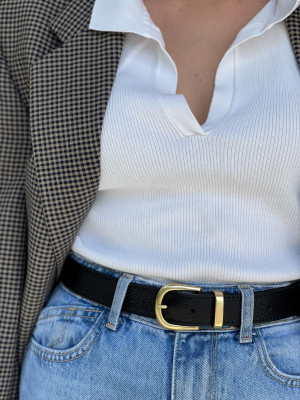 ELSA pasek czarny groszek skórzany damski do spodni z klamrą