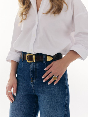 LISA brązowy pasek damski do spodni croco złote elementy lgs