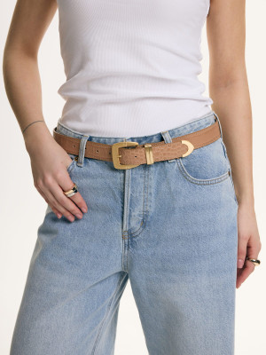 INES beżowy pasek skórzany damski do spodni z klamrą