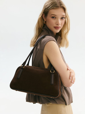 CASSIE zamsz czekoladowy skórzana torebka damska listonoszka torba na ramię