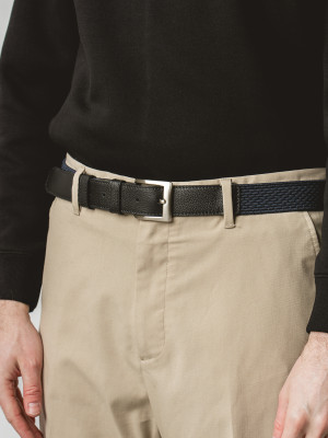 AUSTIN granatowy elastyczny męski pasek do spodni z klamrą srebrne elementy