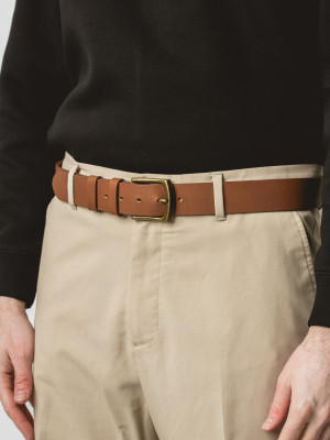 JONAS koniak skórzany męski pasek do spodni z klamrą antyczne złoto