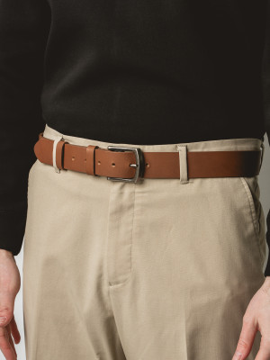 JONAS koniak skórzany męski pasek do spodni z klamrą antyczne srebro