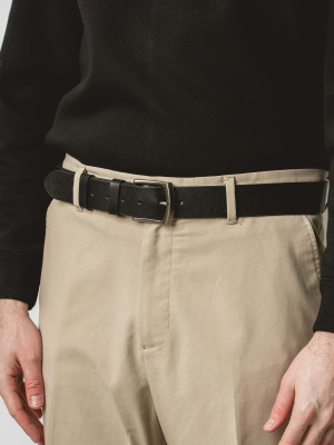 JONAS czarny skórzany męski pasek do spodni z klamrą antyczne srebro