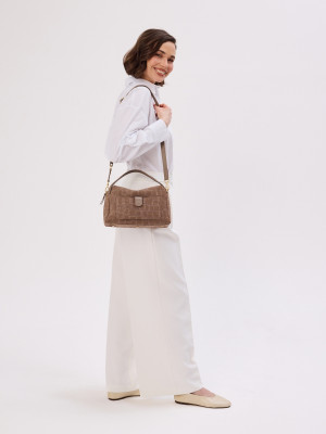 BONNIE zamsz jasny taupe croco duża skórzana torebka kuferek