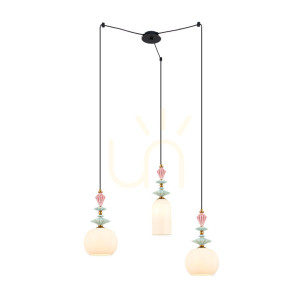 Pendelleuchte Zambelis 3-flammig E27 Schwarz Messing antik Metall Keramik Opalglas Ø80 cm