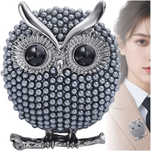 Broszka sowa z perełkami przypinka elegancka pin sówka owl