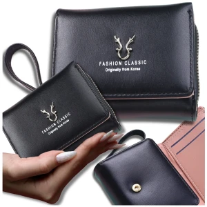 DAMSKI MAŁY PORTFEL PORTMONETKA PRAKTYCZNA NA ZAMEK Z POMPONEM