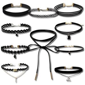 Czarny Zestaw 10 szt CHOKER naszyjnik rzemyk celebrytka