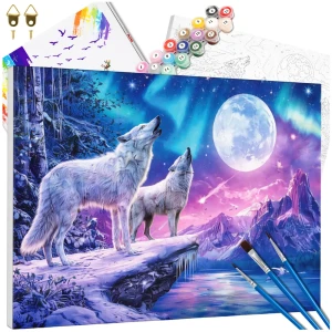 Malowanie po numerach z ramą 40 x 50cm obraz na płótnie Wilki Przy Księżycu w Pełni