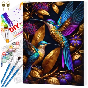 Malowanie po numerach z ramą 40 x 50cm obraz na płótnie Kolorowe Kolibry na Złotych Liściach