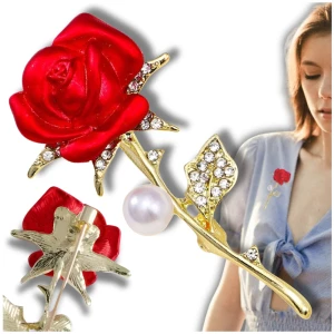 Broszka róża z cyrkoniami przypinka elegancka pin z perełką