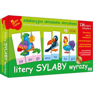 Litery, sylaby, wyrazy. edukacyjna układanka obrazkowa. zestaw ćwiczeń dla edukacji przedszkolnej i wczesnoszkolnej