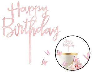 Topper ozdoby na tort napis Happy Birthday różowy akryl dekoracje urodzinowe