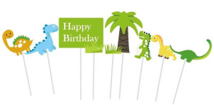 Topper piker ozdoby na tort napis Happy Birthday dinozaur dekoracje urodzinowe dino zestaw 9 sztuk