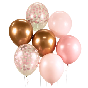 Balony dekoracje urodzinowe lateksowe 7 sztuk róż rose gold konfetti