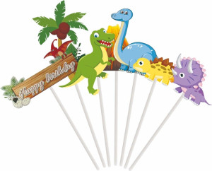 Topper piker ozdoby na tort napis Happy Birthday dinozaur dekoracje urodzinowe dino zestaw 7 sztuk
