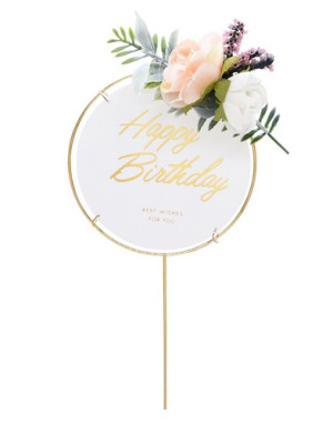 Topper ozdoby na tort napis Happy Birthday z kwiatami dekoracje urodzinowe