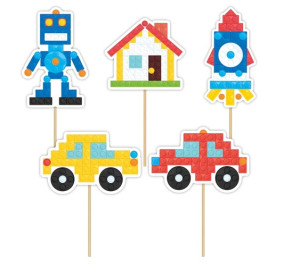 Topper piker ozdoby na tort babeczki robot rakieta minecraft piksele dekoracje urodzinowe zestaw 5 sztuk