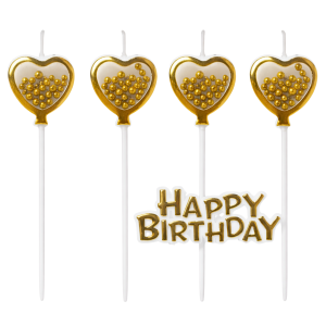 Świeczki serduszka złote brokatowe kulki napis happy birthday na bok tortu 5el Świeczki na tort serca złote topper napis happy birthday na bok tortu 5el