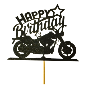 Topper na tort napis Happy Birthday czarny brokatowy motor dekoracje urodzinowe