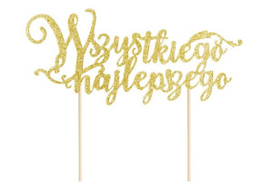 Topper ozdoby na tort napis Wszystkiego Najlepszego złoty brokatowy dekoracje urodzinowe