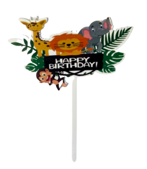 Topper ozdoby na tort napis Happy Birthday zwierzęta lew żyrafa słoń dekoracje urodzinowe safari zoo