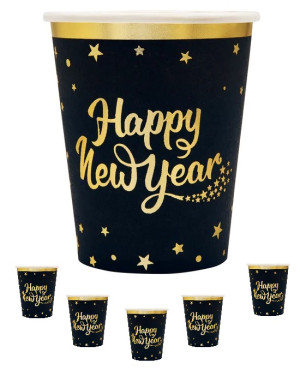 Kubeczki papierowe jednorazowe czarne złote gwiazdki Sylwester Nowy Rok dekoracja Happy New Year 6 szt KUBECZKI PAPIEROWE JEDNORAZOWE CZARNE ZŁOTE GWIAZDKI SYLWESTER NOWY ROK DEKORACJA HAPPY 