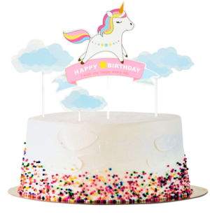 Topper piker ozdoby na tort jednorożec chmurki napis Happy Birthday dekoracje urodzinowe unicorn zestaw 4 sztuki