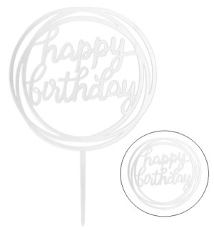 Topper ozdoby na tort napis Happy Birthday okrągły srebrny akryl dekoracje urodzinowe