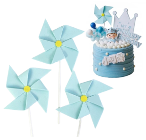 Topper na tort wiatraczek niebieski dla chłopca dekoracje na roczek baby shower urodziny wiatrak zestaw 3 sztuk