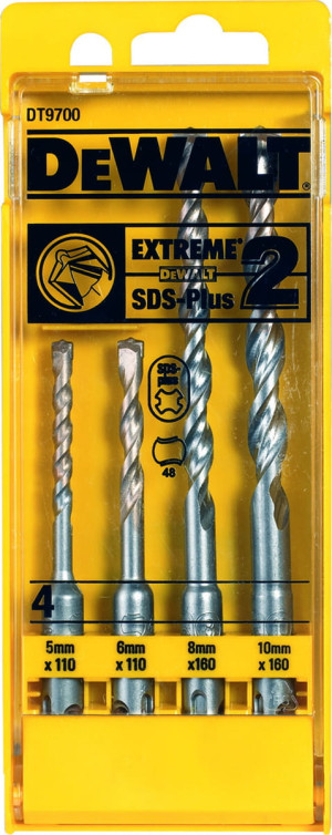 DT9700 DEWALT Komplet wierteł SDS-Plus EXTREME DeWALT® 4-częściowy zestaw wierteł SDS-Plus EXTREME DeWALT® w plasikowej kasecie::5, 6, 8, 10 mm