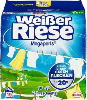 Weißer Riese Megaperls 1,14 kg – niemiecki proszek do prania, 19 prań, skuteczne usuwanie plam