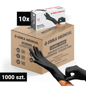10x Rękawiczki nitrylowe bezpudrowe GRUBE czarne Emka Medical M 100 szt. – karton 1000 szt.