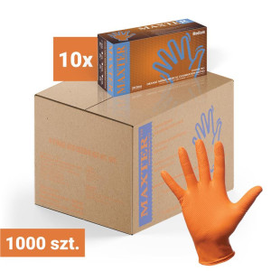 10x Rękawiczki nitrylowe bezpudrowe MAXTER 100 szt., Max-Grip pomarańczowe M – karton 1000 szt.
