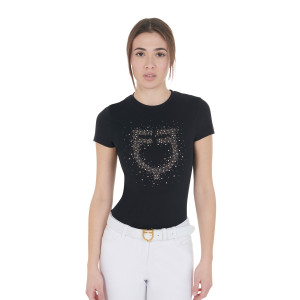 Camiseta de mujer de corte entallado con pedrería rosa, L, Negro