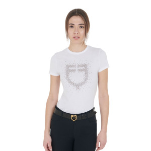 Camiseta de mujer de corte entallado con pedrería rosa, M, Blanco