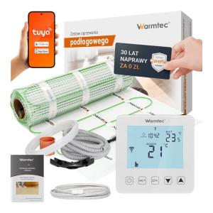 Zestaw ogrzewania podłogowego pod płytki Warmtec mata grzewcza DSE-25 2,5m² 100W/m² + regulator temperatury PRT-01 biały Wi-Fi wyświetlacz LCD