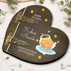 Drewniany album serce z nadrukiem - Chrztu Pamiątka