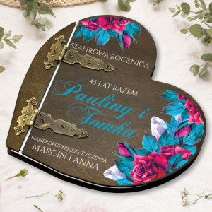 Drewniany album serce z nadrukiem - Szafirowe Gody