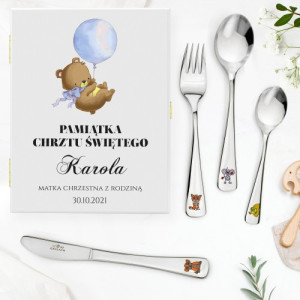 Sztućce z grawerem na chrzest dla chłopca - Misiowe wspomnienia