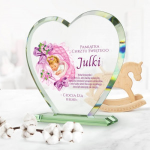 Statuetka szklane serce na chrzest - Kruszynka w różu