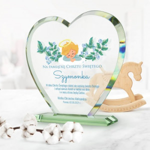 Statuetka szklane serce na chrzest - Aniołek strzeże
